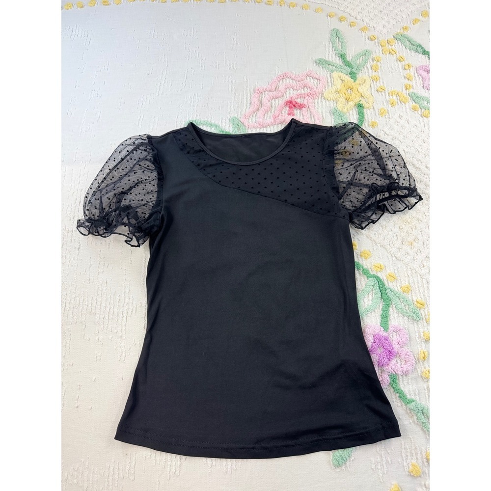 Shein Black Sheer Polka Dot Sleeve Top,‎ Women's Fashion Blouse, Party M